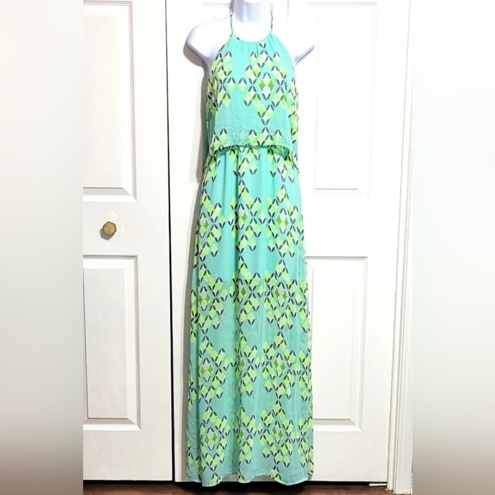 Gianni Bini Turquoise Maxi Dress Light Blue Green Abstract Pattern Racer…